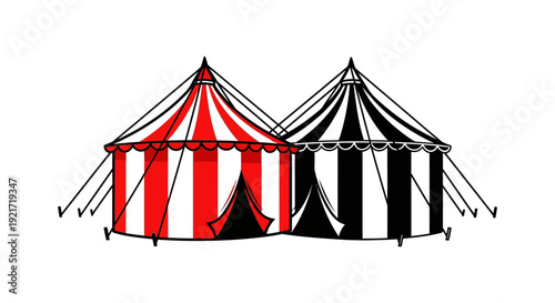 Two circus tents one red and white striped the other black and white face each other