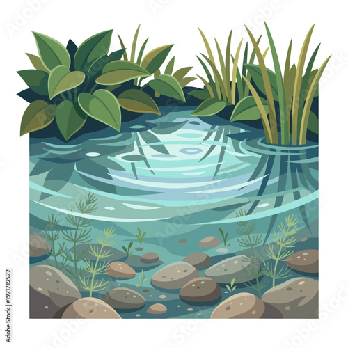 Tranquil pond cross section scene showing rippling surface, reeds and leafy plants, stones and aquatic growth underwater, calm wetland habitat concept for nature education and serenity