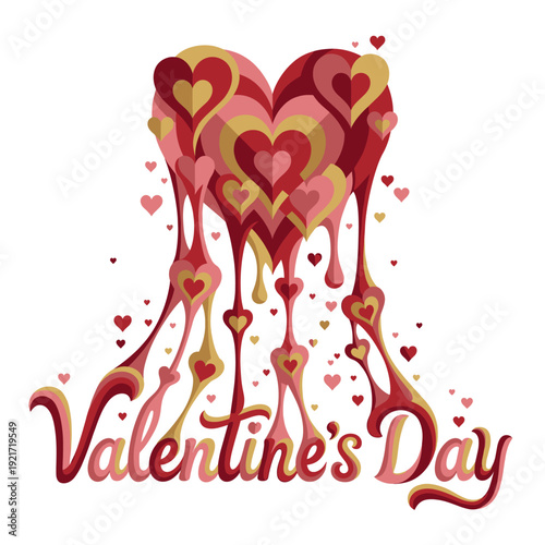 Dripping layered hearts forming Valentine’s Day lettering, melting candy style romance graphic in red and gold tones, playful love confession design for cards, posters, and gifts