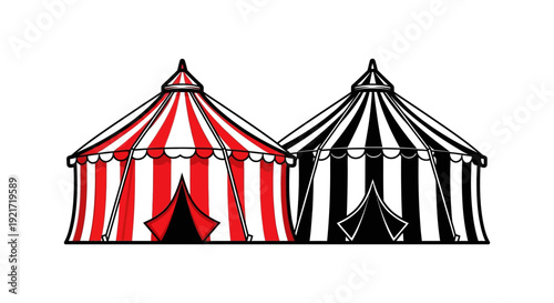 Two stylized circus tents one red and white striped the other black and white are depicted
