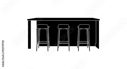 Minimalist depiction of a bar counter with three stools in a black and white style
