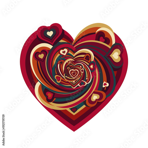 Ornate layered heart emblem in warm red and gold tones, swirling concentric shapes and tiny hearts, retro pop art flair for Valentine romance, wedding, and anniversary themes