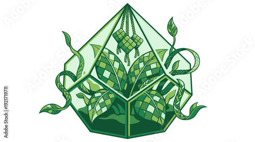 Green ketupat motif inside geometric terrarium frame, leafy vines and woven patterns, Ramadan and Eid decorative symbol for Southeast Asian tradition, festive holiday artwork