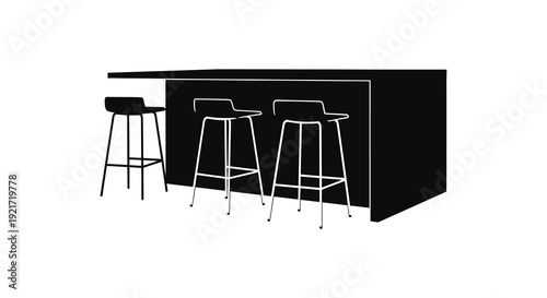 Minimalist black and white illustration of a bar counter with three bar stools high quality professional