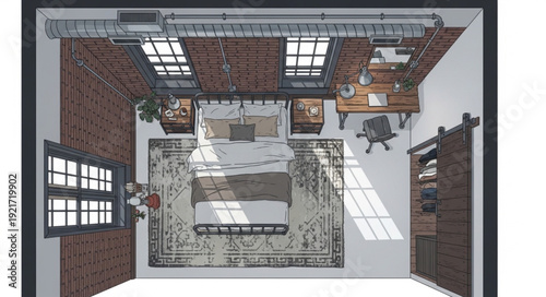 Interior Room with Fireplace and Skylights.