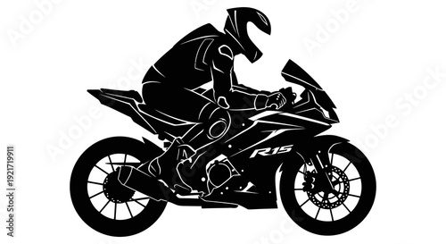A black silhouette depicts a motorcycle racer in a dynamic leaning riding position high quality professional