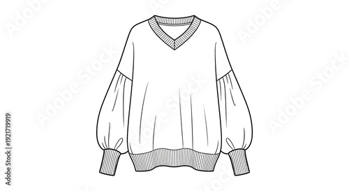 Technical illustration of a loose fitting v neck sweater with voluminous bishop sleeves high quality professional detailed modern