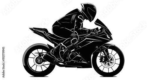A dynamic silhouette of a motorcyclist racing on a modern sportbike against a white background