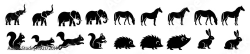Collection of Animal Silhouettes: Elephants, Horses, Squirrels, Hedgehogs, Rabbits