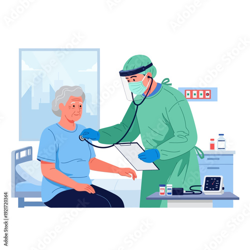 Doctor Examines Elderly Patient in Hospital Room