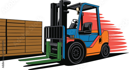 Forklift truck loading stacked cargo pallets in warehouse, colorful industrial vehicle vector illustration for logistics, shipping, inventory management and supply chain concepts