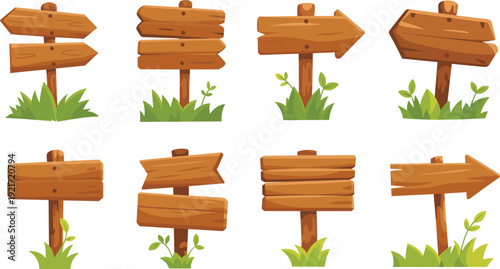 Handmade wooden directional sign vectors, rustic signpost collection with arrows and blank planks, grassy wayfinding signs for trails, parks, and outdoor maps