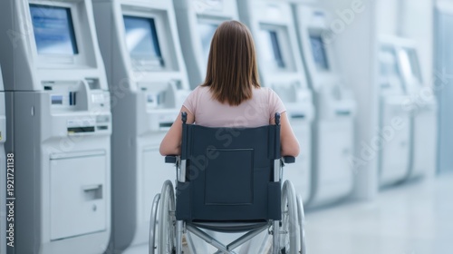 Electronic tax system, A woman in a wheelchair uses an ATM in a modern, accessible banking environment.