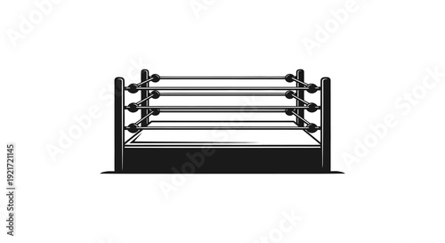 A black and white illustration of a professional wrestling ring centered on a white background