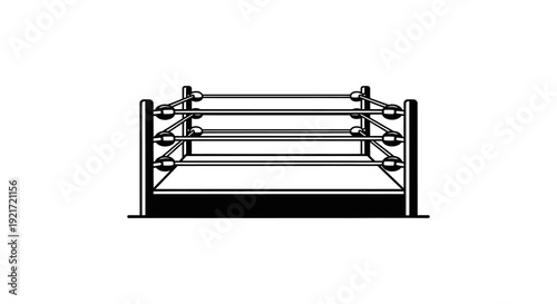 A black and white illustration depicting an empty boxing ring with corner posts and ropes