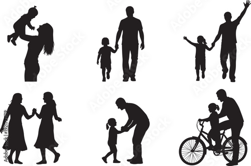 Happy family silhouette collection set with parents and children playing walking and riding bicycle for Father Day and Mother Day