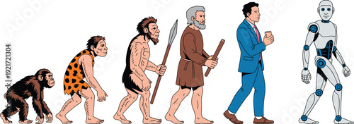 Human evolution timeline vector illustration showing ape to caveman to modern man and futuristic robot, evolution concept for science education