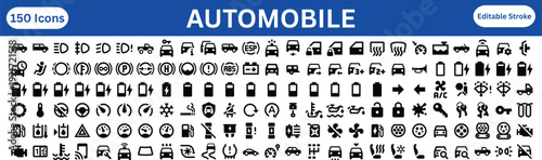 150 Professional Automobile and Dashboard Icon Set: Electric Vehicle (EV) Status, Maintenance, and Navigation Symbols