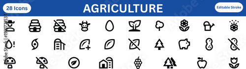 28 Professional Agriculture and Farming Icon Set: Organic Produce, Livestock, and Gardening Symbols