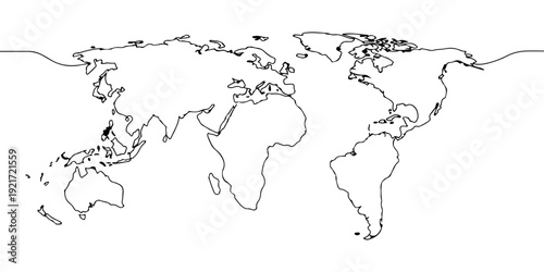Continuous one line drawing of world map with continents, depicting exploration and geography, line art style illustration.