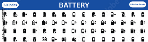 60 Professional Battery and Power Management Icon Set: Charging States, Energy Levels, and System Power Outlines