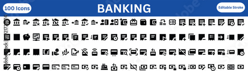 100 Professional Banking and Finance Icon Set: Digital Payments, Credit Cards, and Currency Interface Symbols
