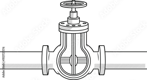 Industrial pipeline gate valve vector illustration showing flanged piping, handwheel actuator and sectional view for mechanical engineering diagrams