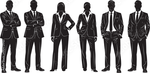 Professional business people silhouette collection set with men and women in suits standing for corporate team leadership and office success