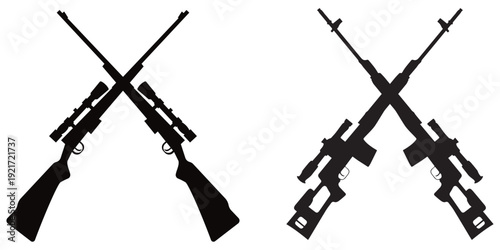 Crossed Hunting Sniper Rifles with Scopes – Military & Tactical Firearm Vector Icon, Silhouette Illustration for Hunting,
 Combat, and Weapon Design