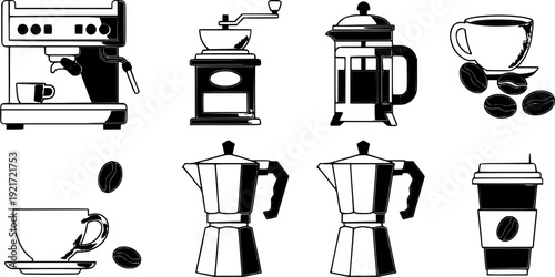Modern Coffee Maker and Barista Tools Vector Illustration Collection