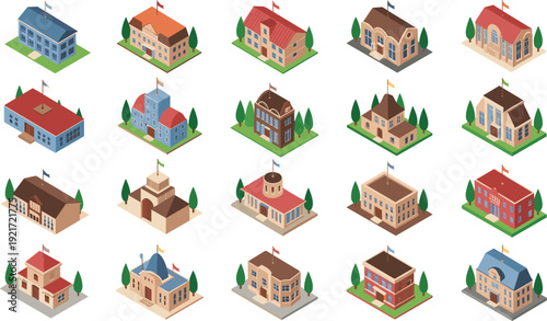Isometric city buildings set, colorful isometric institutional and residential buildings, vector townhouses, schools, offices, municipal structures, trees and flags for urban design