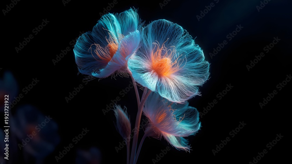 Naklejka premium Glowing electric blue flowers with vibrant orange filaments on black. Cyberpunk nature and bioluminescent flora. Fantasy blossoms shining with bright neon light streaks in the dark