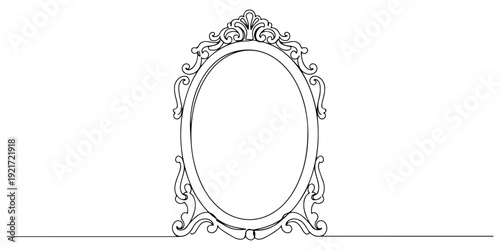 Continuous single line drawing of a mirror with an ornate frame, depicting reflection and introspection, line art style illustration.