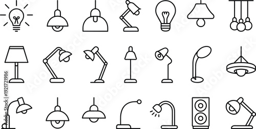 Lighting icon set, line art lamp and fixture symbols, vector lightbulb, pendant, desk and floor lamp illustrations, modern lighting designs for web and print