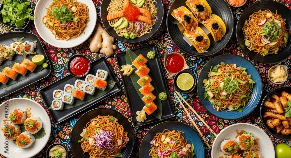 custom made wallpaper toronto digitalVector illustration of Asian fusion food with sushi rolls, ramen noodle bowls, and dim sum on a blue background.