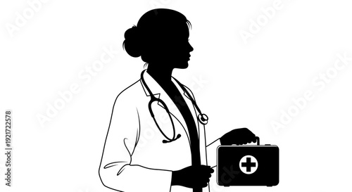 Silhouette of Female Doctor with Stethoscope and First Aid Kit Isolated White Background