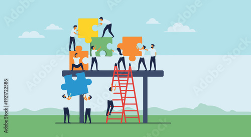 Diverse Business People Collaborating to Assemble Large Puzzle in Bright Studio