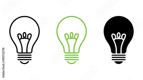 Three distinct light bulb icons representing ideas, innovation, and eco-friendly energy solutions.