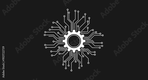 Abstract Circular Circuit Board Pattern with Central Gear Icon on Black Background