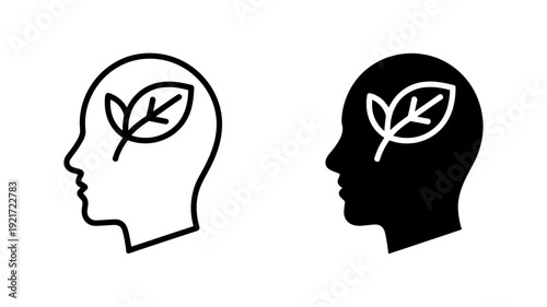 A pair of minimalist head profile icons containing two small leaves, signifying natural thought and well-being.