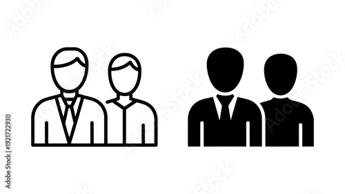 Two male figures in business professional attire standing together, illustrated in both outline and solid black icon styles.