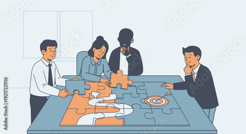 Diverse business team collaborating and solving a puzzle together in a modern office meeting room, depicting problem-solving and strategic planning.