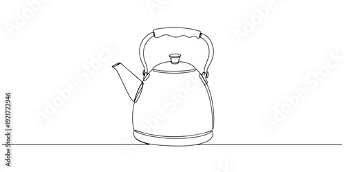 Continuous one line drawing of a teapot with a spout, representing warmth and comfort, line art style illustration.