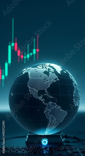 Global Financial Markets Data Visualization With Globe and Stock Candlestick Chart, Futuristic Concept