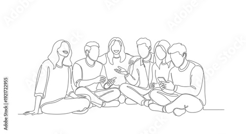 Diverse group of friends sitting on the floor, relaxing, using mobile devices in a continuous line art style on isolated white background.