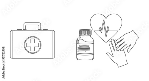 Essential Medical Healthcare Icons: First Aid Kit, Medicine, and Heart Monitor with Hands on Isolated White Background