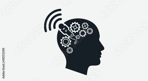 Human head silhouette with internal gears and external WiFi signal, conceptualizing smart communication and intelligence, isolated white background.