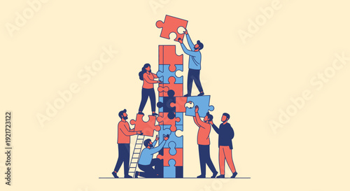 Diverse business team collaborating to assemble large puzzle pieces, illustrating teamwork and innovation, in bright studio.