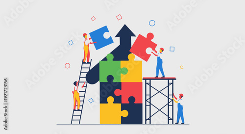 Business team collaborating to build a giant puzzle, concept of teamwork and problem-solving, in bright studio.