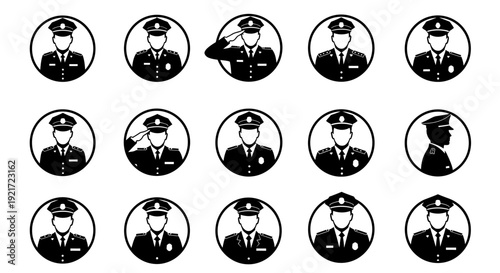 Collection of diverse police officer avatar icons, men and women in uniform, isolated white background.